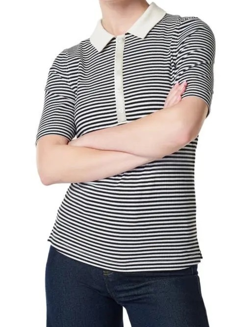 SPANX medium ribbed black/white stripe polo